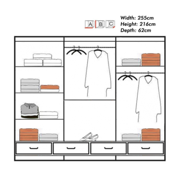 FURCO Cecilia Large High Gloss Grey 3 Door Sliding Wardrobe 250cm with LED Lighting