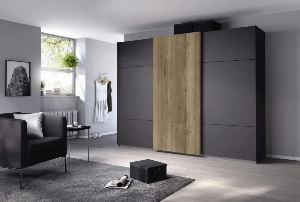 Halifax 3 Door Sliding Wardrobe in Metallic Grey and Oak - W 271cm