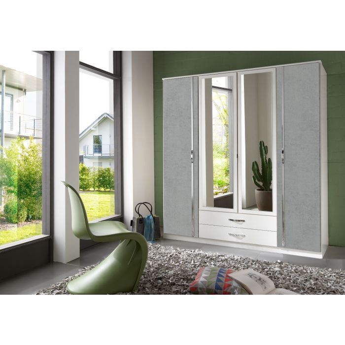 Dewi 4 Door Mirrored Wardrobe | White & Grey with 2 Drawers | Contemporary Design | Furco
