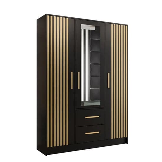 Bastia VI Mirrored Wardrobe With 3 Doors 2 Drawers In Black