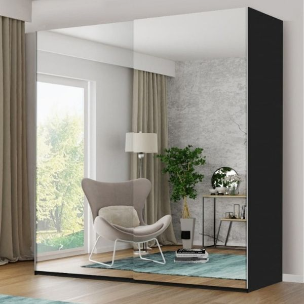 FURCO | Giovany 2 Door Mirrored Sliding Wardrobe | Sleek Black | 3 Size Options | Modern & Spacious