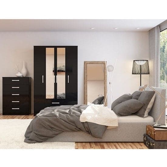 Carola Mirrored Wardrobe In Black High Gloss And 4 Doors