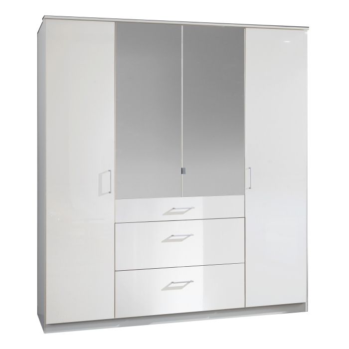 Clappen 4 Door 3 Drawer Mirrored Gloss Wardrobe in White | Sleek Storage | Furco