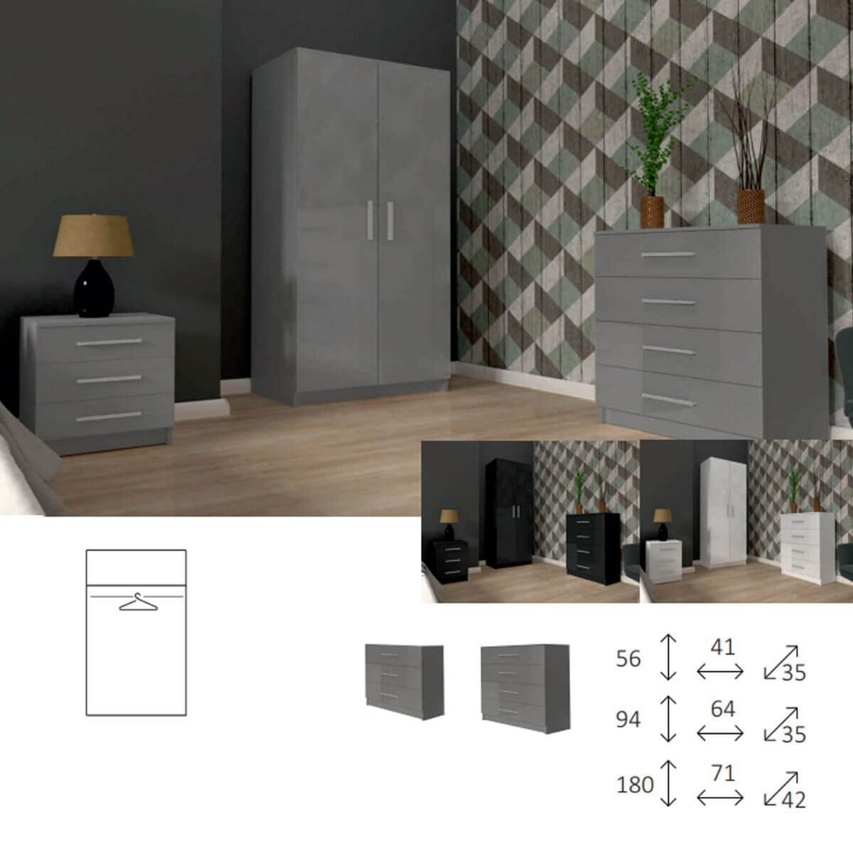 FURCO Fizzier White High Gloss Bedroom Ensemble - 3 Piece Modern Wardrobe Set