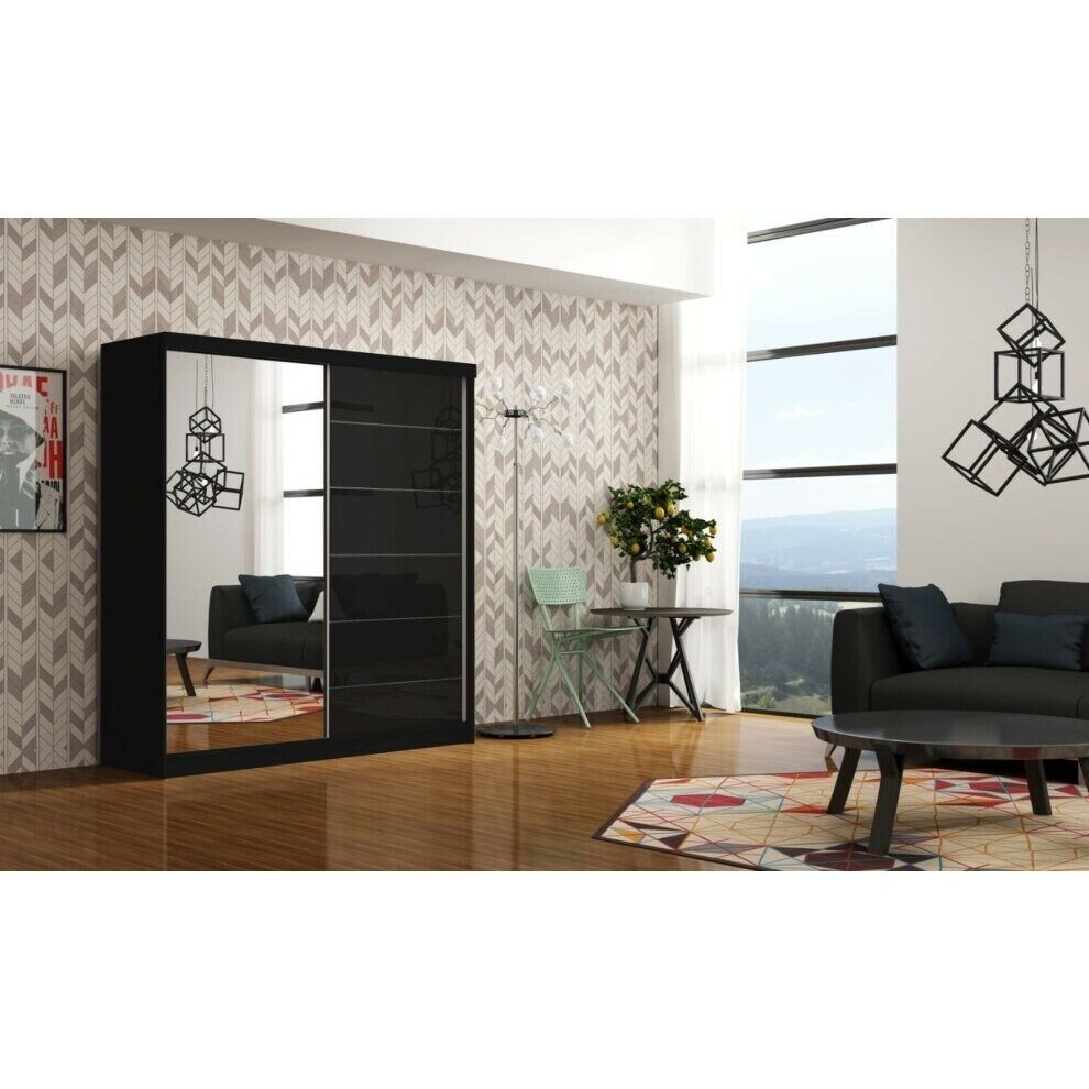 FURCO | Infinite | Black High Gloss Sliding 2 Door Wardrobe | 150/180 cm | Sophisticated & Luxurious