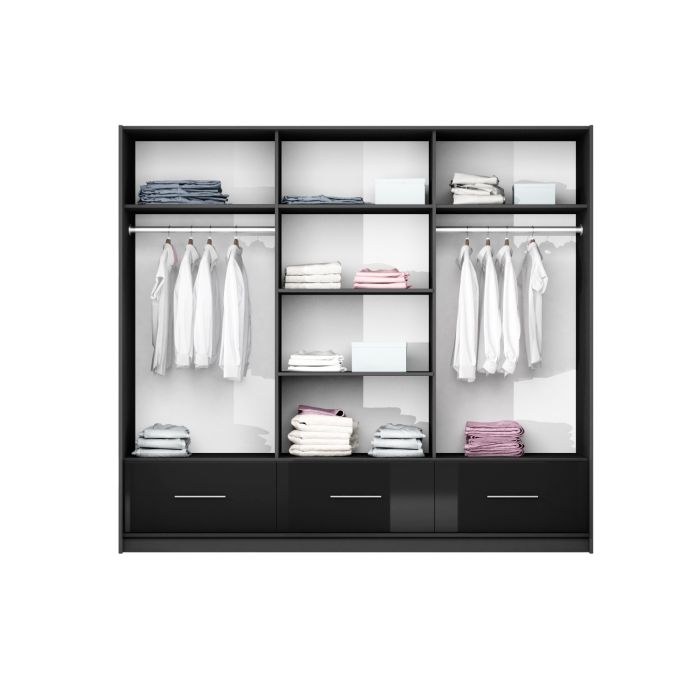 Cornelia 250cm Large High Gloss Sliding 3 Door Wardrobe - Black