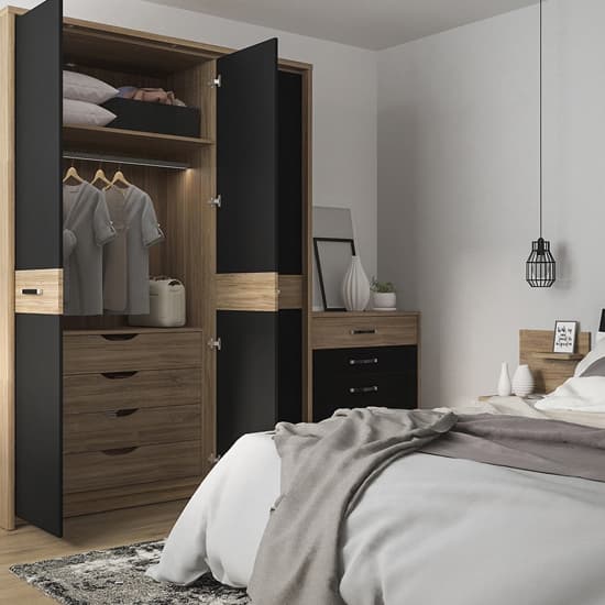 Moneti LED Mirrored 3 Doors Wardrobe In Oak And Matt Black