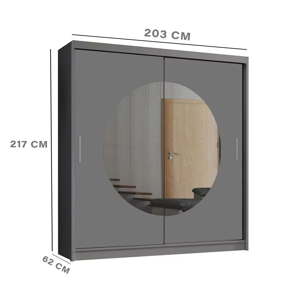 FURCO | Moon Sliding 2 Door Wardrobe | Elegant Grey | 150/203 cm | Modern & Space-Efficient