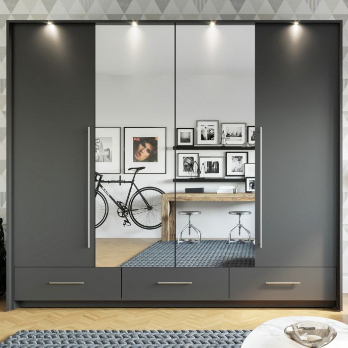 Lindsey 255cm Large Swing 3 Door Wardrobe with Mirror and 3 Drawers - Graphite