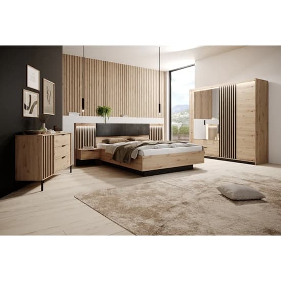 Turin 4 Door Hinged Mirrored Wardrobe | Artisan Oak with 2 Drawers & LED | Furco