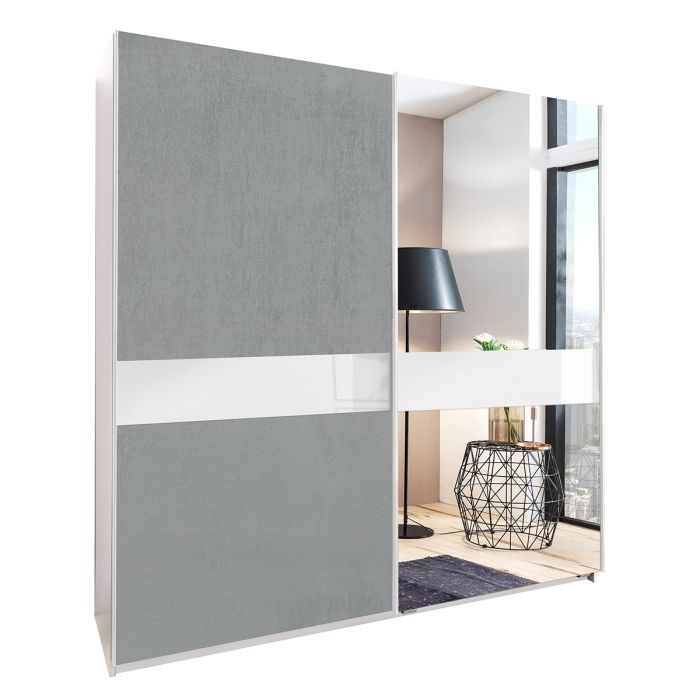 Ammar Mirrored 2 Door Sliding Wardrobe | White and Grey | Contemporary Space-Saver | Furco