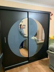 FURCO | Circolo Sliding 2 Door Wardrobe | Integrated Mirror | Sleek Black Finish | Contemporary & Functional