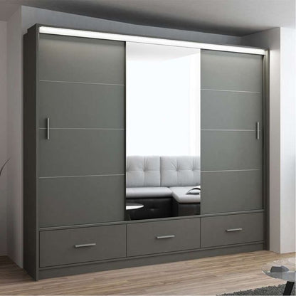 Warrington Graphite Grey Sliding 3 Door Mirrored Wardrobe | 255cm with Drawer Storage | Elegant Functionality | Furco