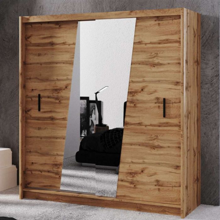 Havant Sliding 2 Door 203cm Wardrobe with Slanted Mirror - Oak Wotan