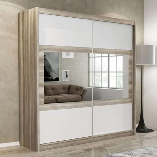 Windsor Oak Canyon & White Mirrored Sliding 2 Door Wardrobe | 203cm | Dual-Tone Elegance | Furco