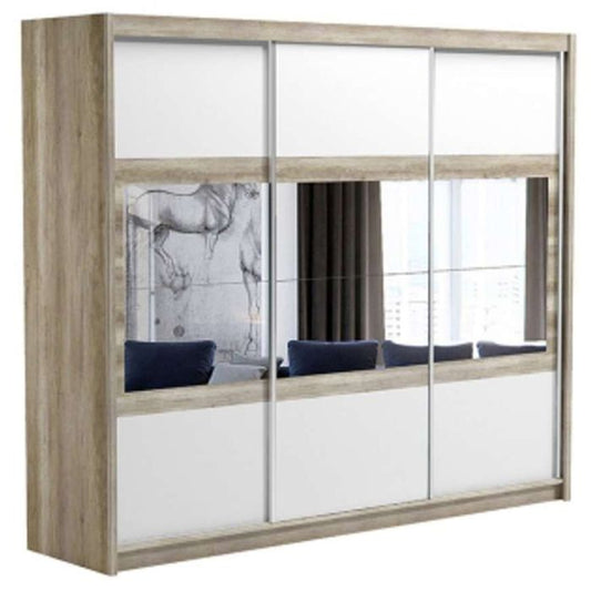 Windsor Oak Canyon & White Mirrored Sliding 3 Door Wardrobe | 250cm | Spacious Modern Design | Furco