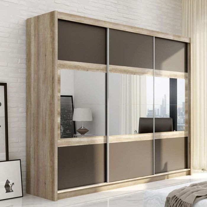 Windsor Grey & Oak Canyon Mirrored Sliding 3 Door Wardrobe | 250cm | Contemporary Contrast | Furco