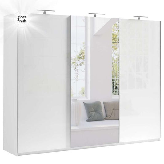 Morocco White 3 Sliding Door Mirror High Gloss Wardrobe - 270cm