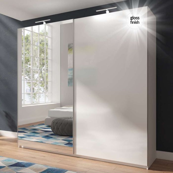 Morocco Sliding 2 Door Mirror White High Gloss Wardrobe - 200cm