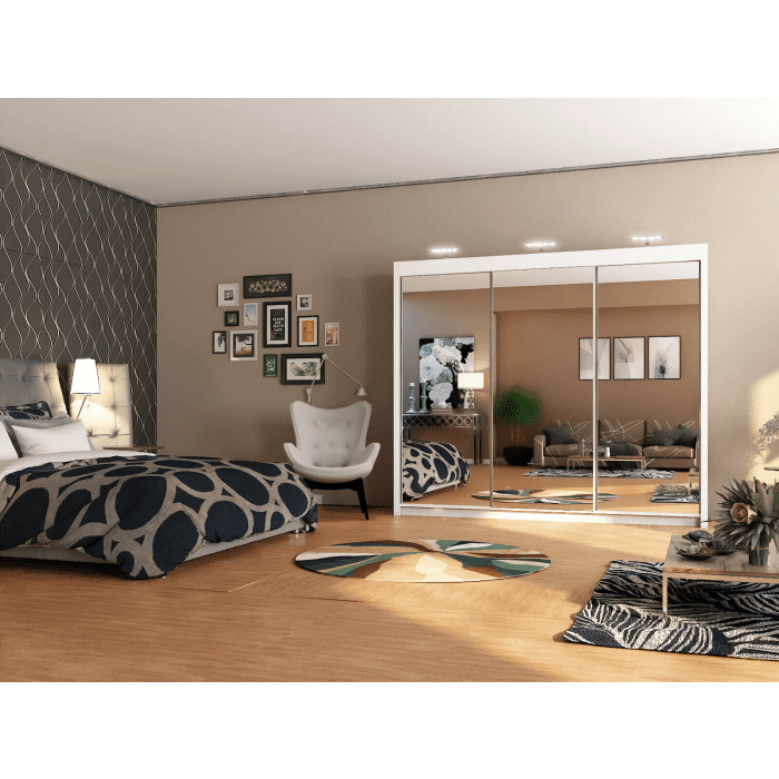 Full Mirrored Large White 3 Door Sliding Wardrobe 250cm
