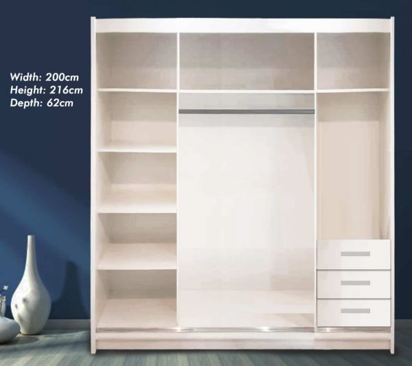 FURCO | Manhattan High Gloss | 2 Door Sliding Wardrobe | Lustrous White | Sleek & Contemporary Design