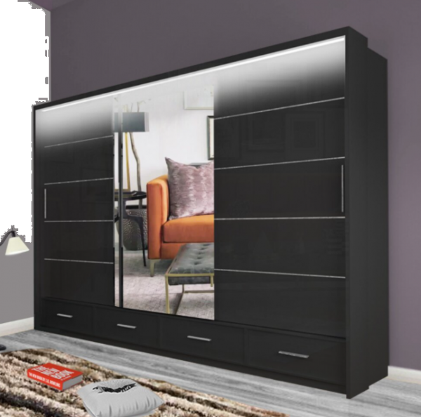 FURCO Cecilia 250cm Black High Gloss Sliding Wardrobe - Large 3 Door Storage Unit