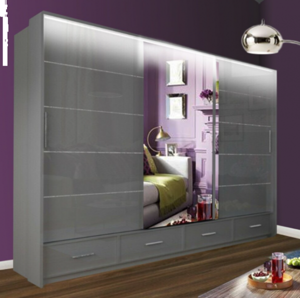 FURCO Cecilia Large High Gloss Grey 3 Door Sliding Wardrobe 250cm with LED Lighting