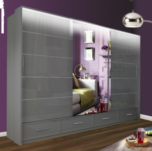 FURCO Cecilia Large High Gloss Grey 3 Door Sliding Wardrobe 250cm with LED Lighting