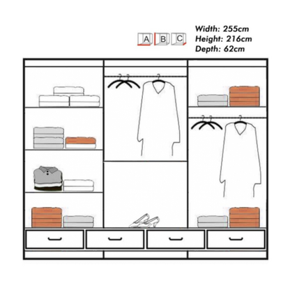 FURCO Cecilia Large High Gloss Grey 3 Door Sliding Wardrobe 250cm with LED Lighting