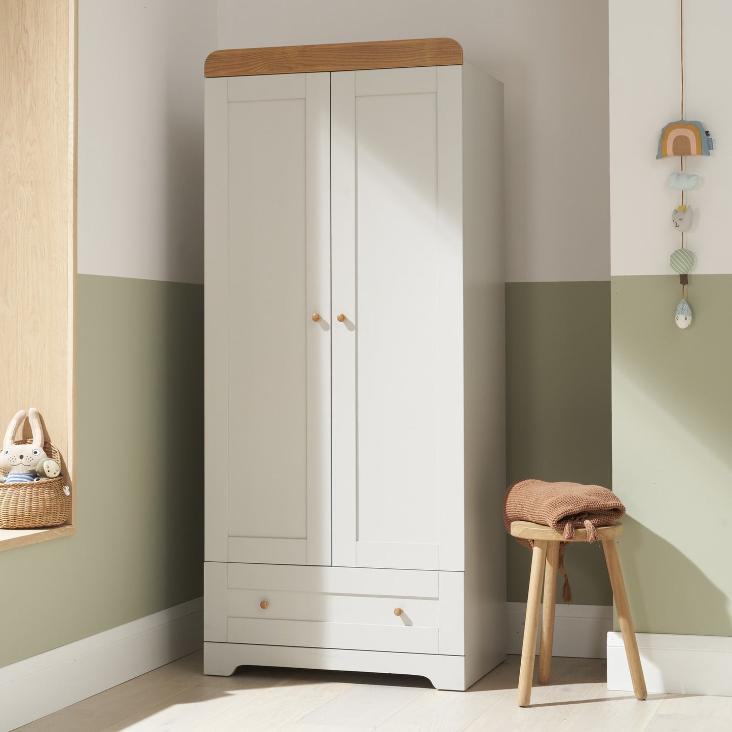Nursery Wardrobe with Drawer and Shelf in Grey and Oak - Rio - Tutti Bambini