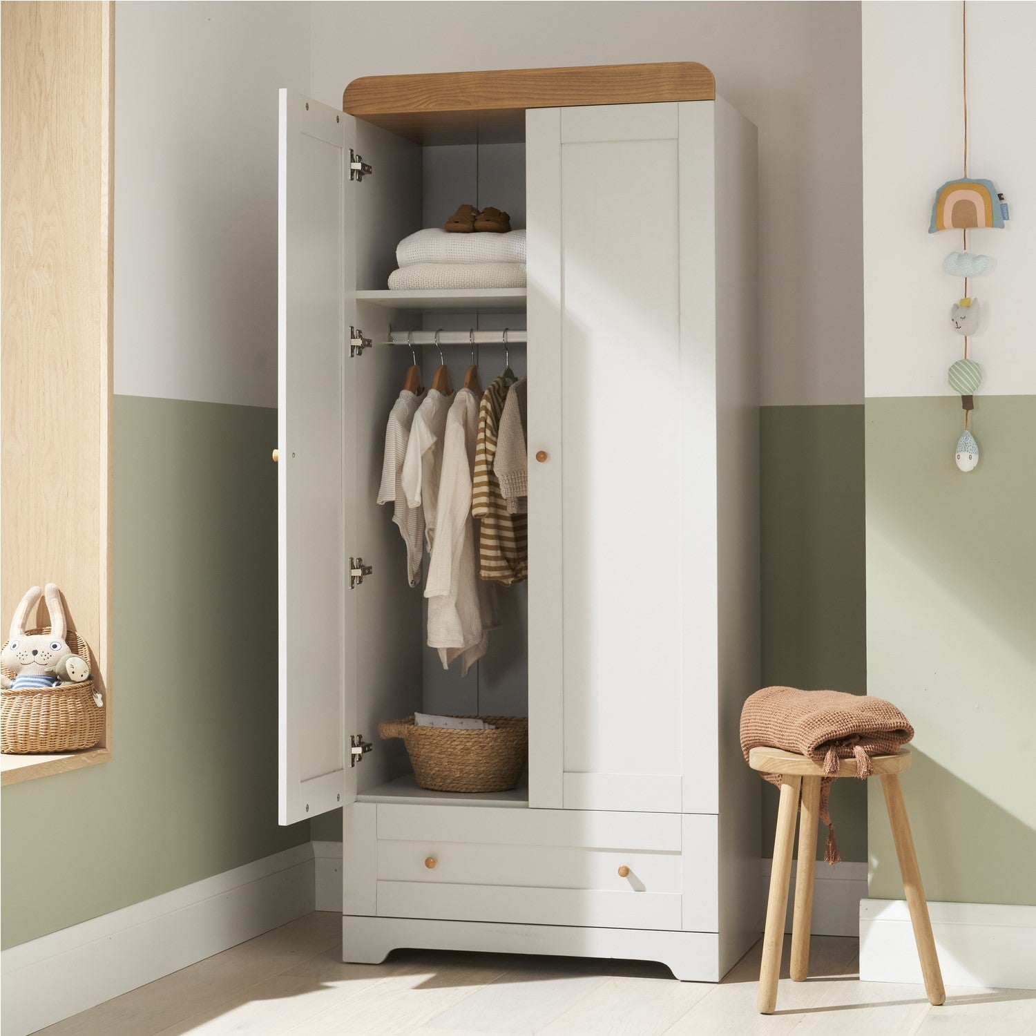 Nursery Wardrobe with Drawer and Shelf in Grey and Oak - Rio - Tutti Bambini