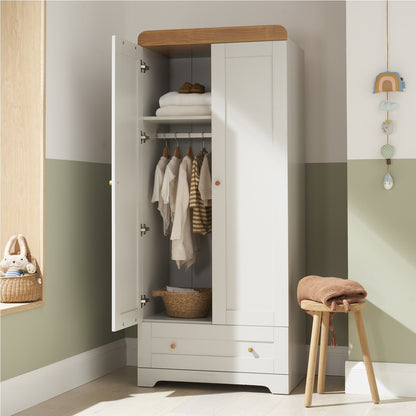 Nursery Wardrobe with Drawer and Shelf in Grey and Oak - Rio - Tutti Bambini