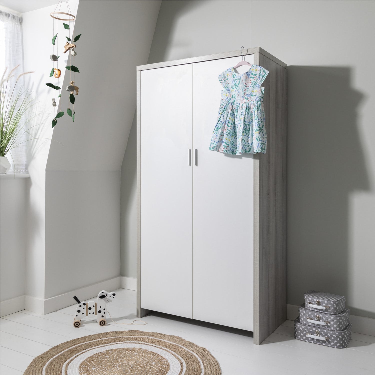 Nursery Wardrobe with Shelves in Grey and Oak - Modena - Tutti Bambini