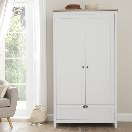 Nursery Wardrobe with Drawer and Shelves in White and Oak - Verona - Tutti Bambini