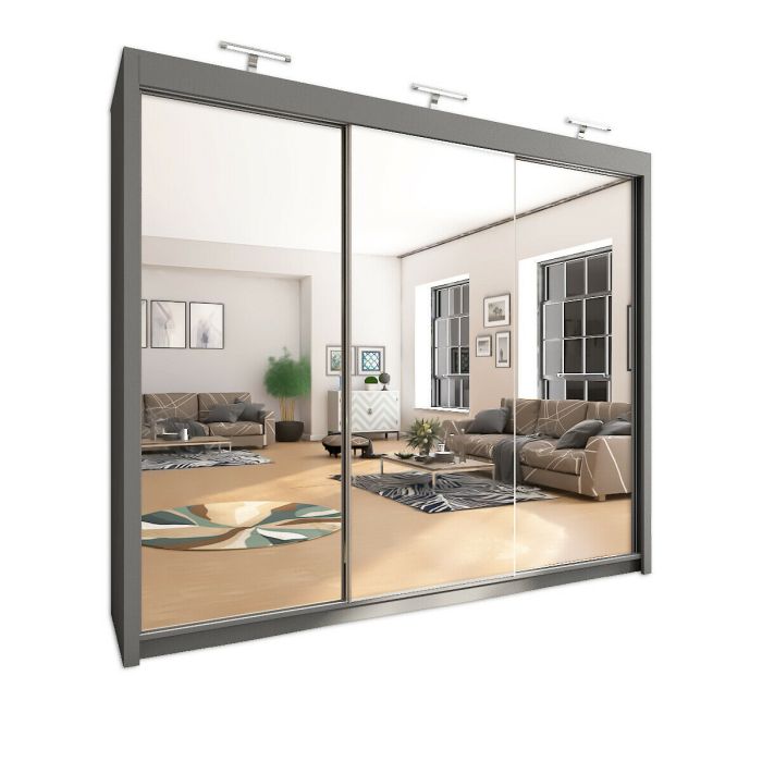 Full Mirrored Large Grey 3 Door Sliding Wardrobe 250cm
