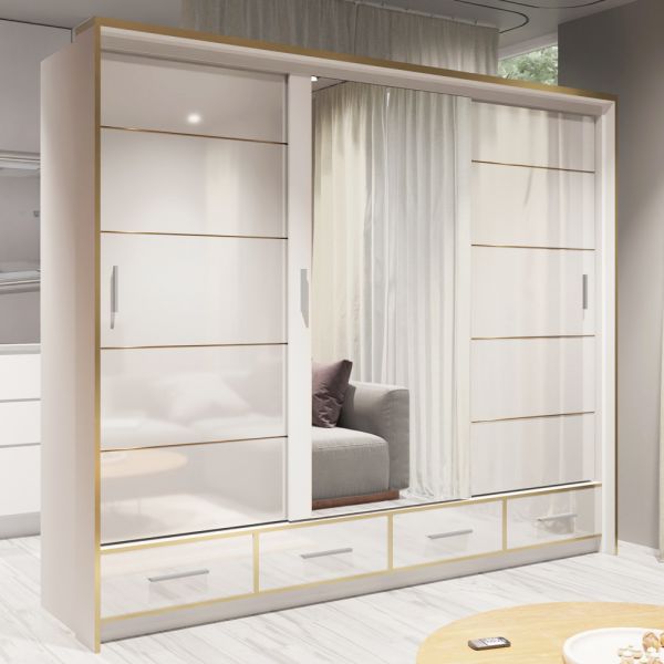 FURCO Andromeda 253cm Pristine White High Gloss 3 Door Sliding Wardrobe - Modern Luxury