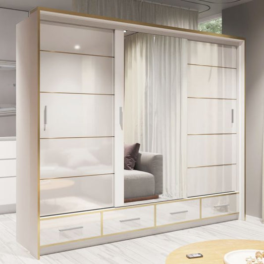 FURCO Andromeda 253cm Pristine White High Gloss 3 Door Sliding Wardrobe - Modern Luxury