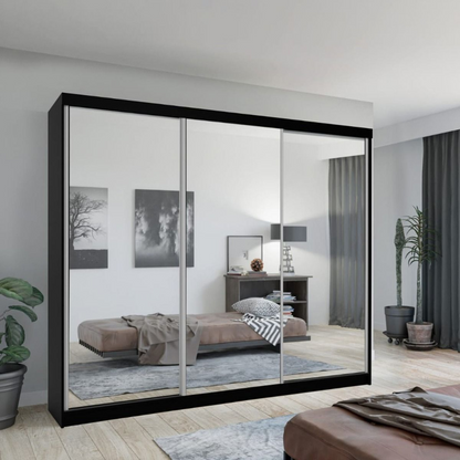 FURCO Chicago II 250cm Black 3 Door Sliding Mirrored Wardrobe - Sleek and Spacious
