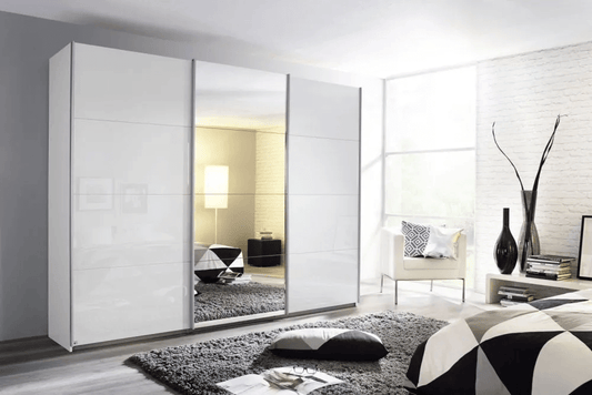 Kulmbach 3 Door Sliding Wardrobe in Alpine White and High Polish White with Aluminium Handle Strips - W 203cm