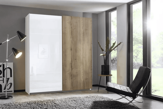 Halifax 2 Door Sliding Wardrobe in Alpine White and Glass White with Oak - W 181cm