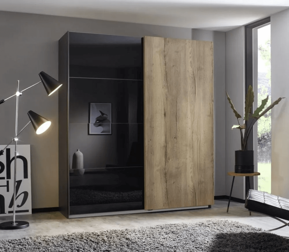 Halifax 2 Door Sliding Wardrobe in Metallic Grey and Glass Basalt with Oak - W 181cm