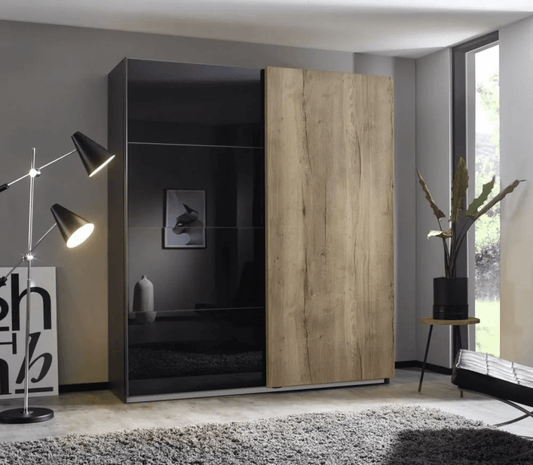 Halifax 2 Door Sliding Wardrobe in Metallic Grey and Glass Basalt with Oak - W 181cm