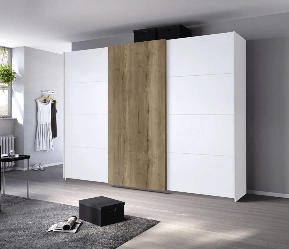 Halifax 3 Door Sliding Wardrobe in Alpine White and Oak - W 271cm