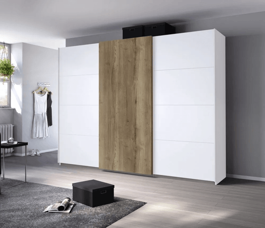 Halifax 3 Door Sliding Wardrobe in Alpine White and Oak - W 271cm