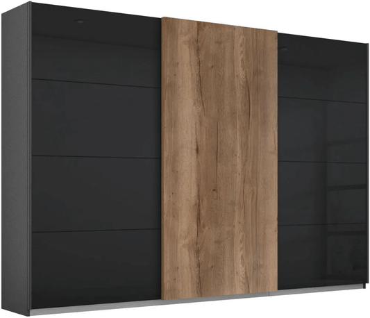 Halifax 3 Door Sliding Wardrobe in Metallic Grey and Glass Basalt with Oak - W 271cm