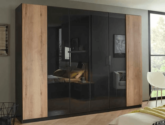 Halifax 6 Door Wardrobe in Metallic Grey and Glass Basalt with Oak - W 271cm