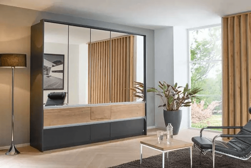 Winnipeg 5 Mirror Door 6 Drawer Combi Wardrobe in Metallic Grey and Halifax Oak - W 226cm