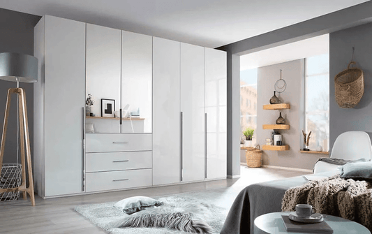 Montclar 6 Door 2 Mirror 3 Drawer Combi Wardrobe in Alpine White and High Polish White - W 301cm