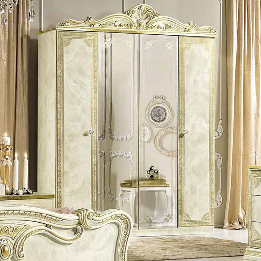 Leonardo Night Italian Ivory High Gloss and Gold 4 Door Wardrobe