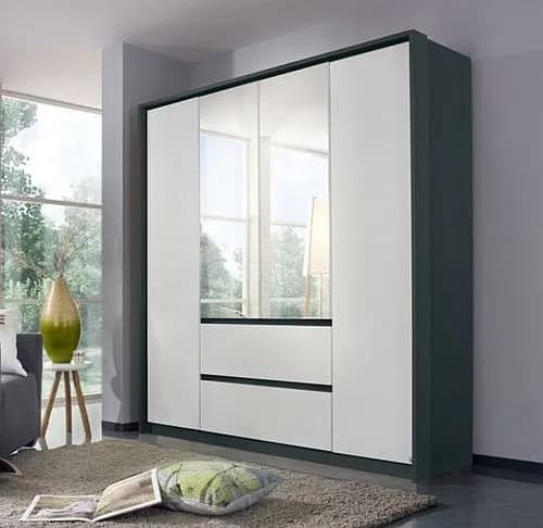 Mainz Metallic Grey and Alpine White 4 Door 2 Drawer Combi Wardrobe with 2 Mirror Front - 181cm